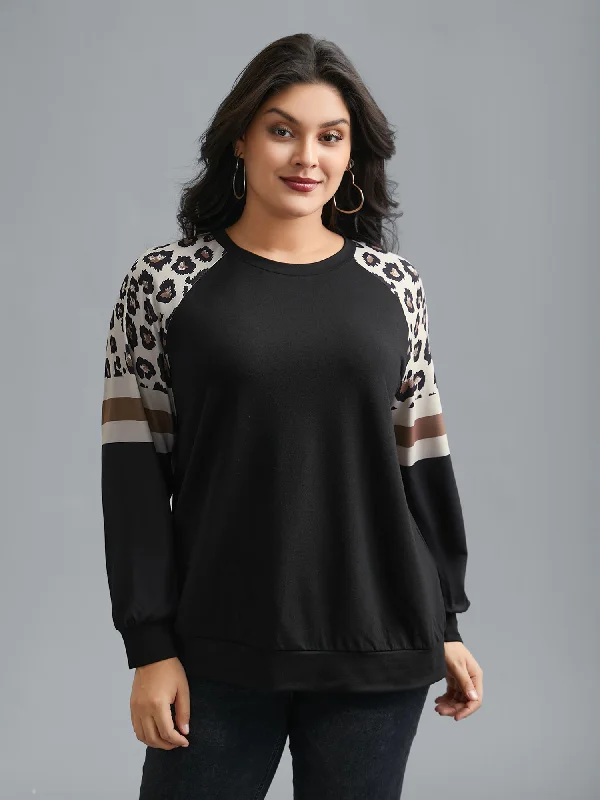 Round Neck Stretchy Leopard Sleeve Sweatshirt