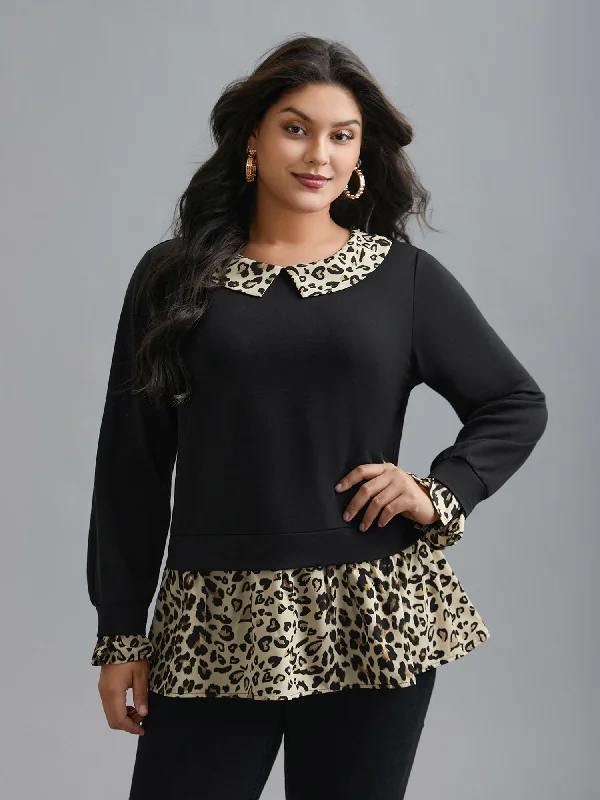 Peter Pan Collar Leopard Print Patchwork Sweatshirt