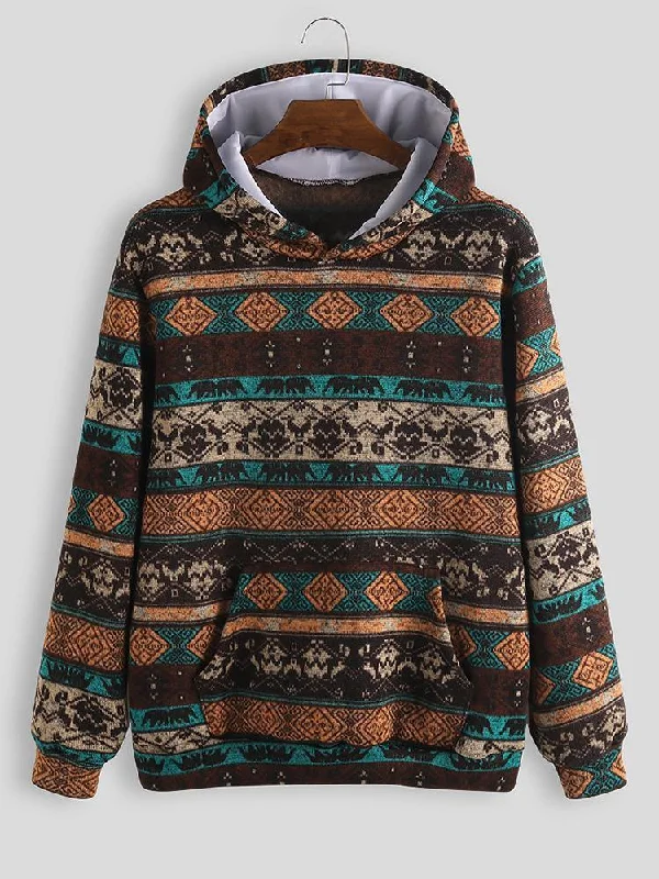 Mens Animal Printed Ethnic Style Casual Pocket Hooded Sweatshirt