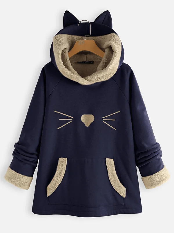 Ears Hooded Fleece Patchwork Cartoon Print Sweatshirt