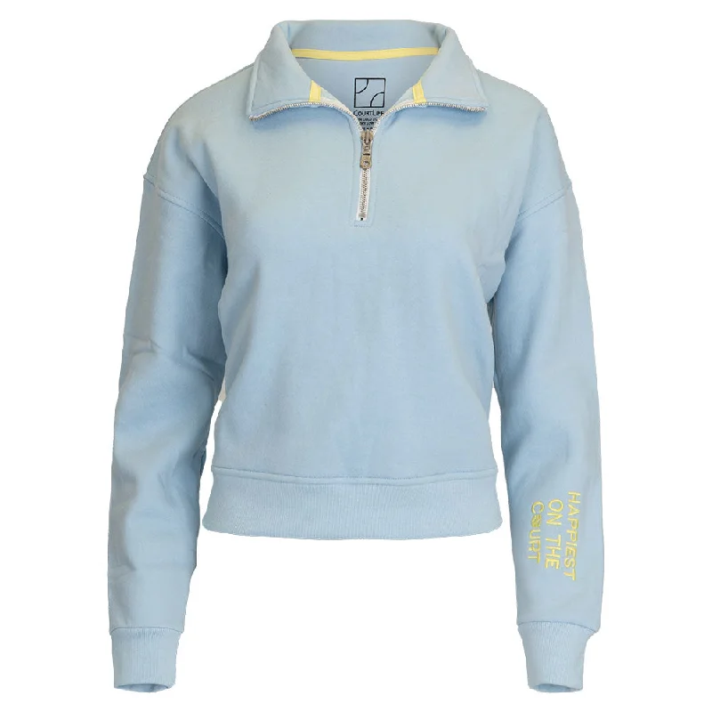 Women`s Happiest On The Court 1/4 Zip Tennis Sweatshirt Blue and Yellow