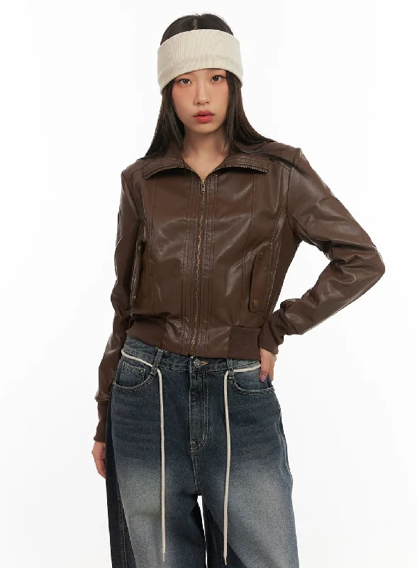 Long Sleeve Faux Leather Zip Jacket CD409