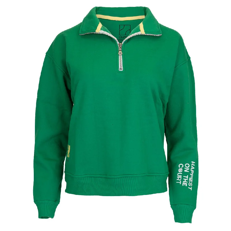 Women`s Happiest On The Court 1/4 Zip Tennis Sweatshirt Green and White