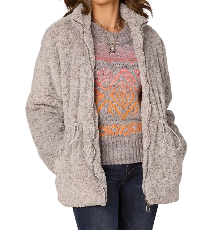 Long Sleeve Stand Collar Zip Front Fur Jacket With Drawstring Waist In Heather Grey