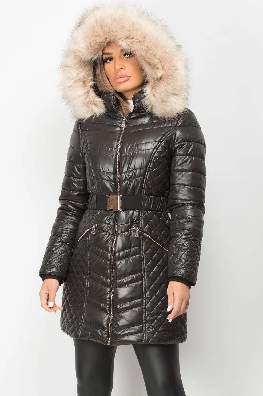 Big Faux Fur Hooded Padded Coat With Belt Black