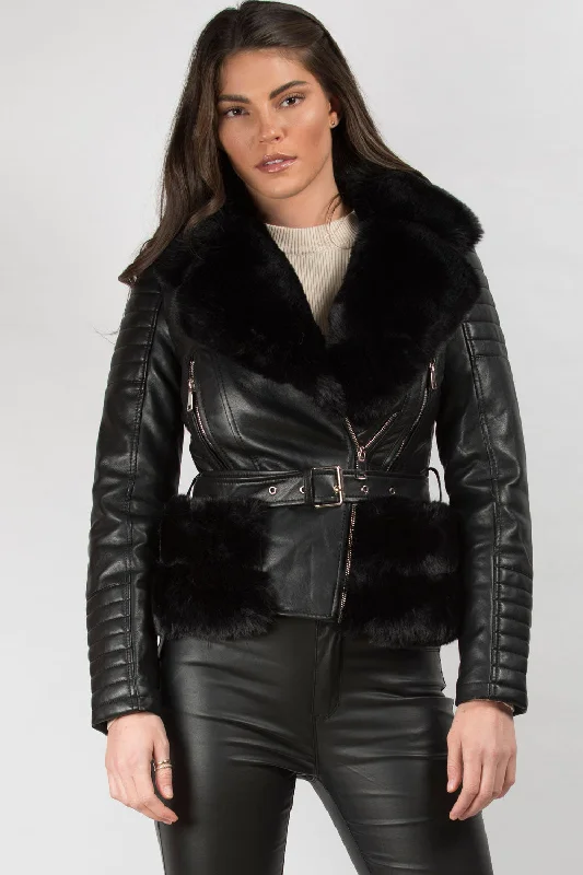 Black Faux Fur Faux Leather Belted Jacket