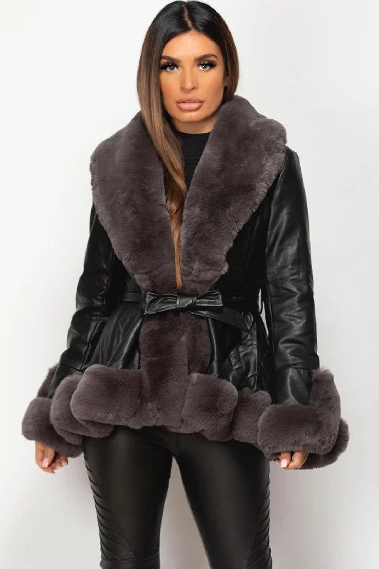 Black Faux Leather Faux Fur Belted Jacket