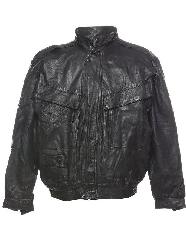 Black Zip-Front Classic Leather Jacket - L