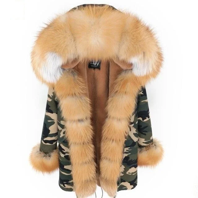 Camo Color Women's Fox Fur Leather Hooded Long Detachable Coats & Jackets