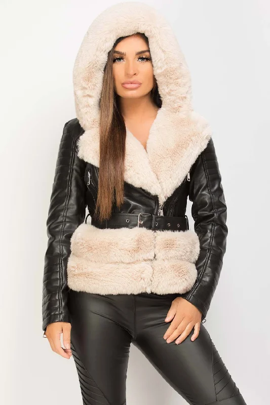 Cream Faux Fur Hooded Faux Leather Belted Jacket