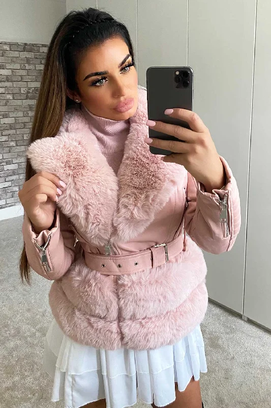 Faux Fur Faux Leather Belted Jacket Pink