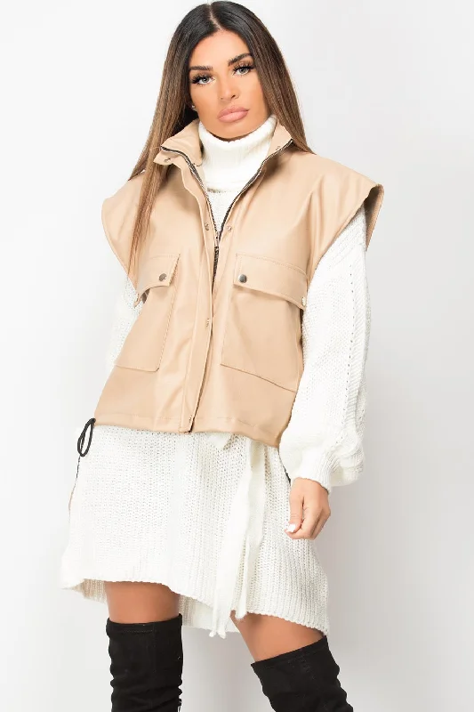 Faux Leather Sleeveless Jacket Beige