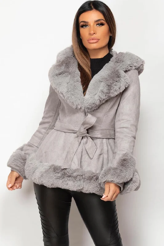 Grey Faux Fur Faux Suede Hooded Belted Coat