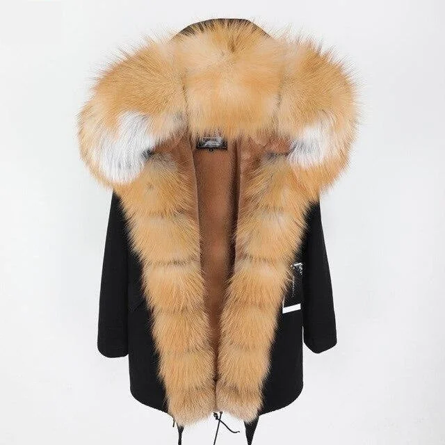 Large Women's Fox Fur Leather Hooded Long Detachable Zip Coats & Jackets