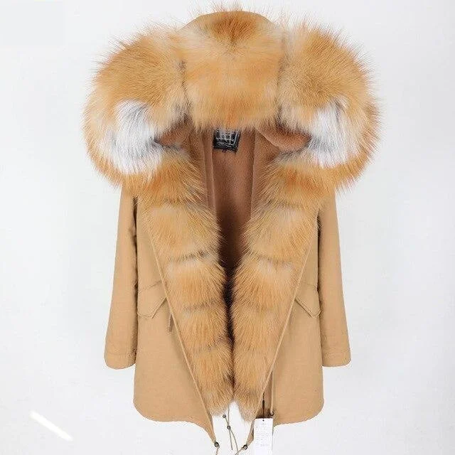 Large Women's Fox Fur Leather Hooded Zip Long Detachable Coats & Jackets