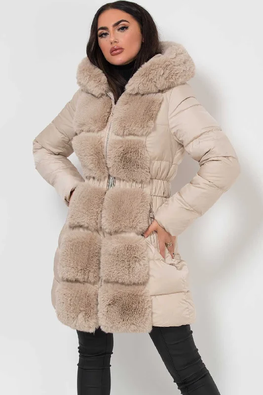 Long Puffer Coat With Faux Fur Hood And Trim Beige