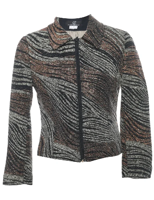 Metallic Finish Zip-Front Abstract Design Evening Jacket - S