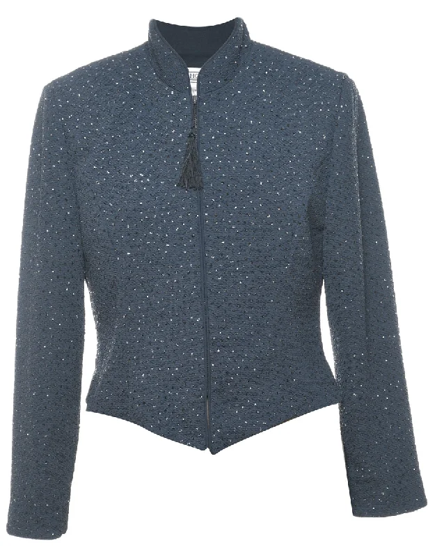 Navy Sparkly Diamanté Detail Zip-Front Evening Jacket - M