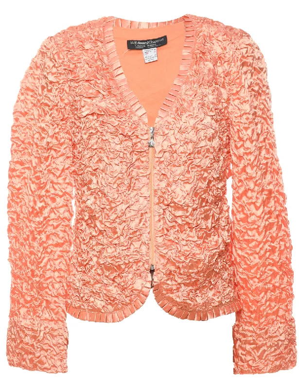 Peach Metallic Zip-Front Ruffle Trim Evening Jacket - M