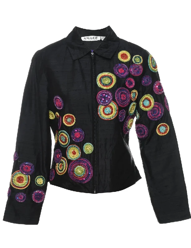 Silk Embroidered & Beaded Zip-Front Evening Jacket - XS