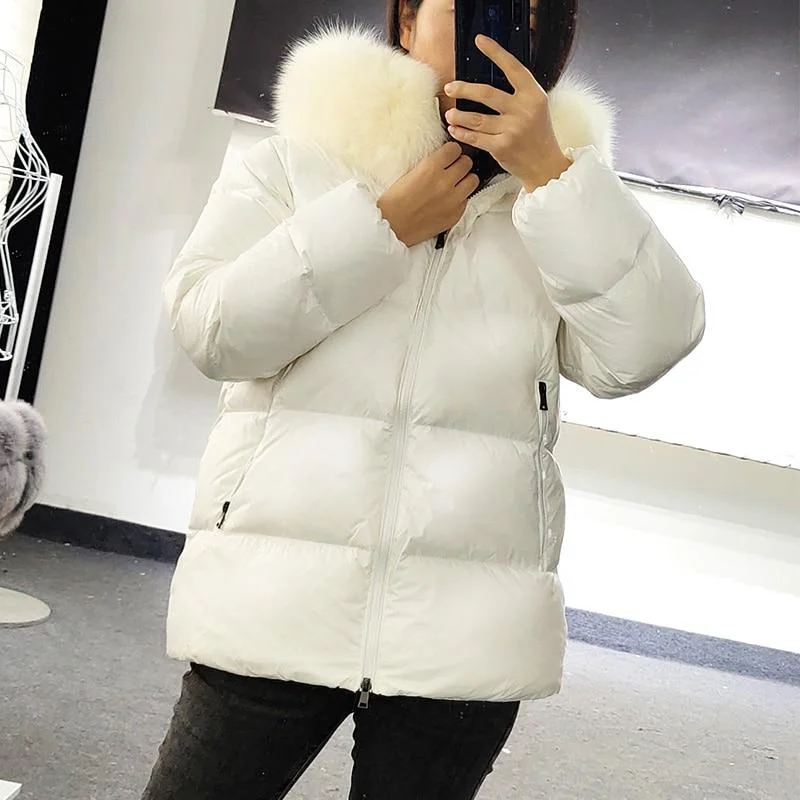 Winter Warm Female Fox Fur Feather Collar Hooded Down Coats & Jackets