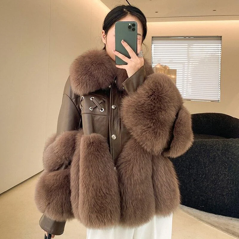 Winter Women's Solid Thick Warm Fox Fur Leather Jackets & Coats Outerwear