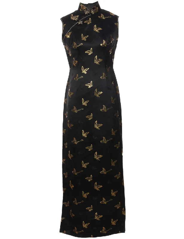 Jacquard Black & Gold Metallic Maxi Dress - M