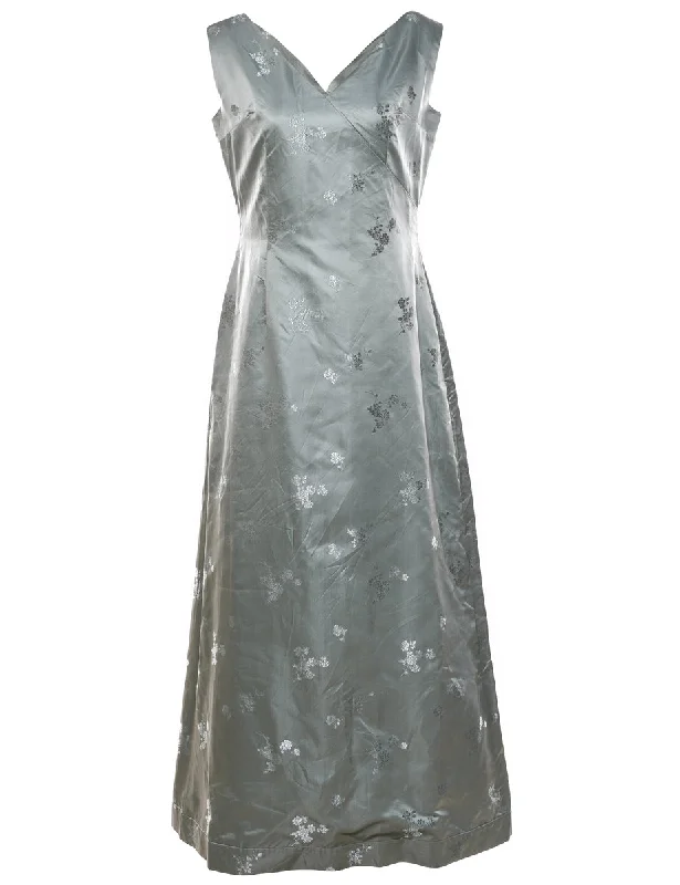 Jacquard Floral Design Silver Vintage Maxi Dress - M