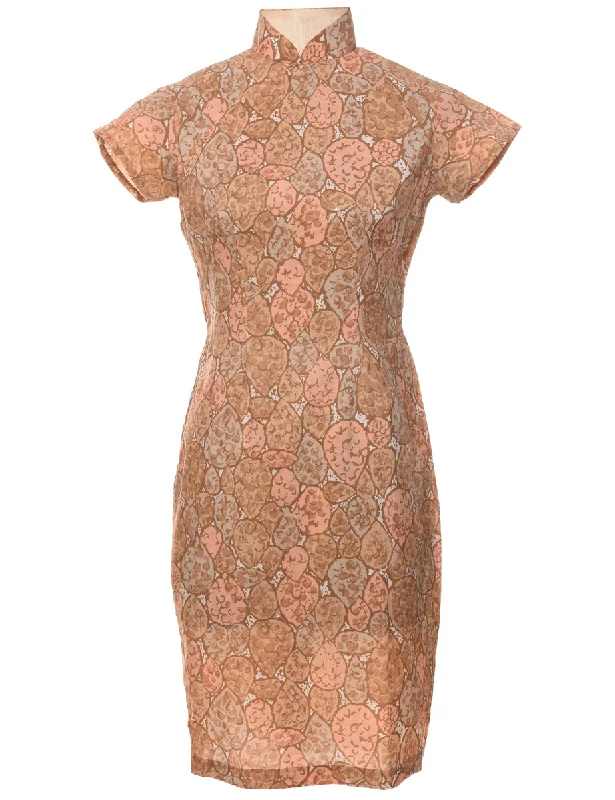 Light Brown Abstract Pattern 1960s Cheongsam Collar Dress - M