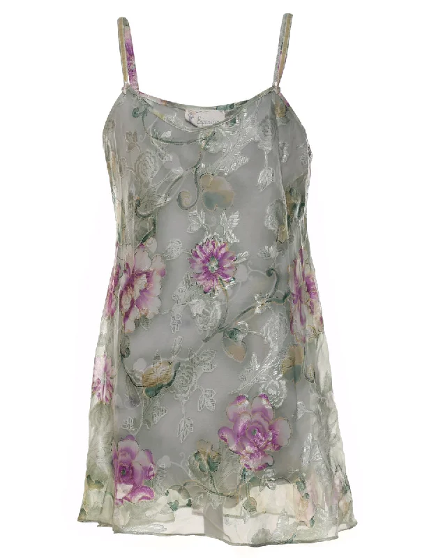 Light Green & Purple Floral Print Slip Dress - S