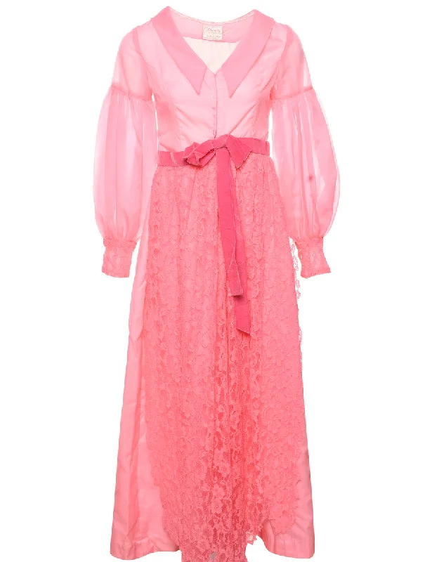 Pale Pink Lace & Sheer 1970s Evening Dress - XS