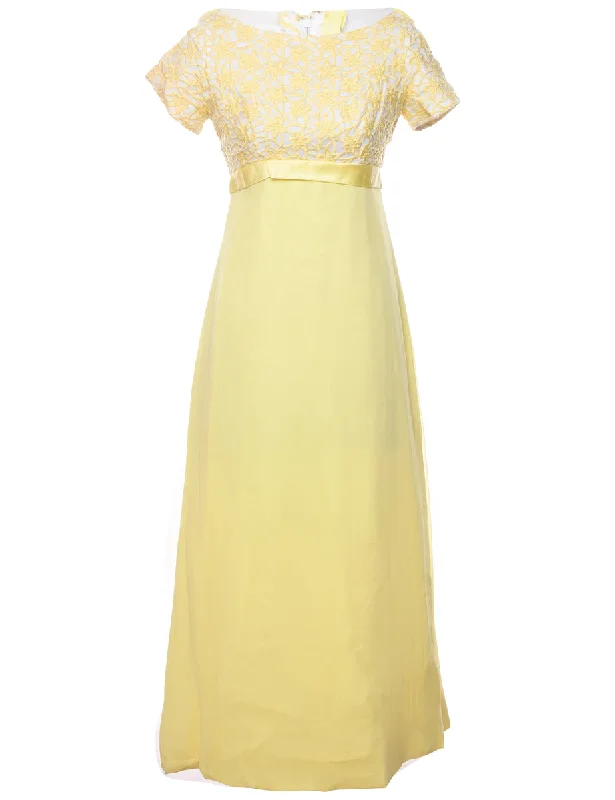 Pale Yellow & White Embroidered 1970s Floral Maxi Dress - S