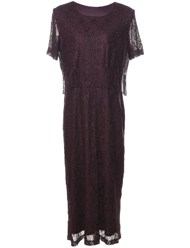 Plum Fringed Lace Evening Dress - L