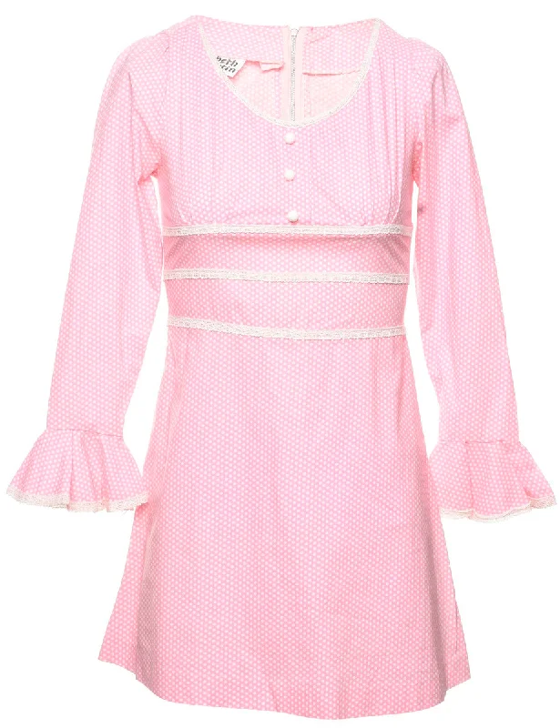 Polka Dot Print Pink & White 1960s Mini Dress - XS