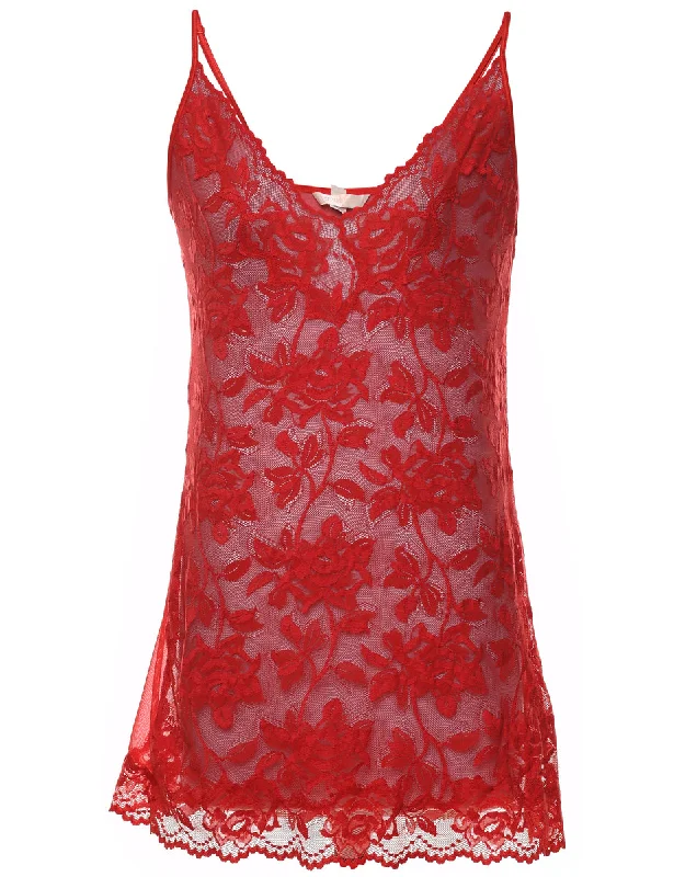 Red Sheer Lace Slip Dress - M