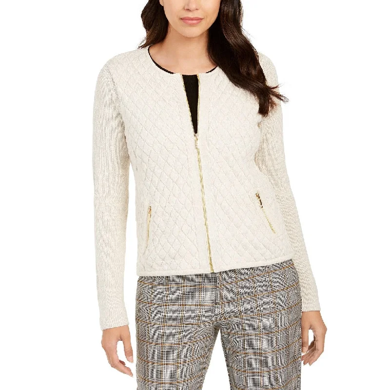 Charter Club Women's Petite Zip-Front Quilted Sweater Beige Size Petite Small