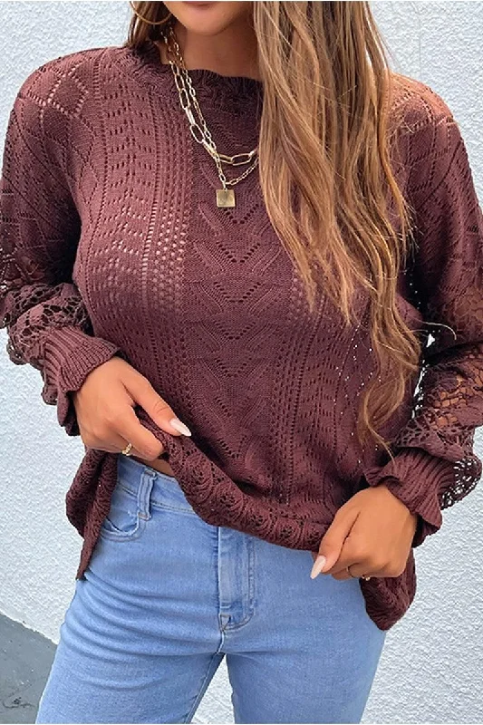 LACE STITCHING SLEEVE KNIT SWEATER TOP