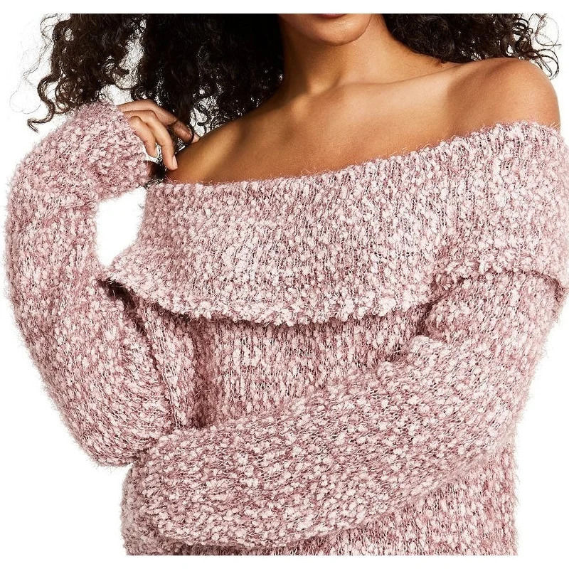 Freshman Juniors' Off-The-Shoulder Fuzzy Sweater Pink Size Large