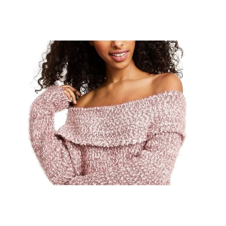 Freshman Juniors' Off-The-Shoulder Fuzzy Sweater Pink Size Medium