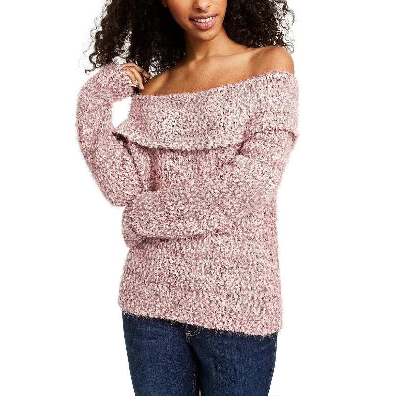 Freshman Juniors' Off-The-Shoulder Fuzzy Sweater Pink Size Small