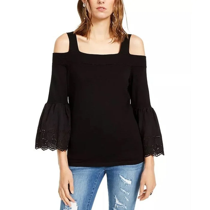 INC International Concepts Concepts Women's Eyelet-Sleeve Cold-Shoulder Sweater Black Size Extra Large - X-Large