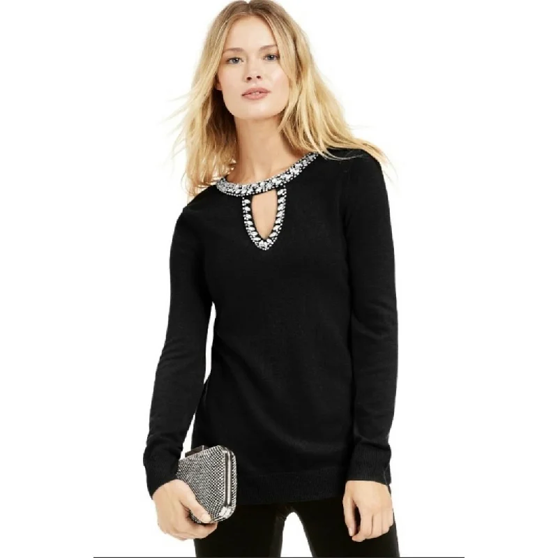 INC International Concepts Women's Embellished Keyhole Sweater Black Size Small