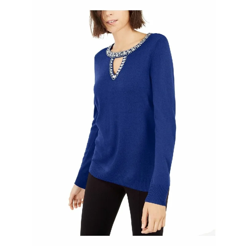 INC International Concepts Women's Embellished Keyhole Sweater Blue Size Small