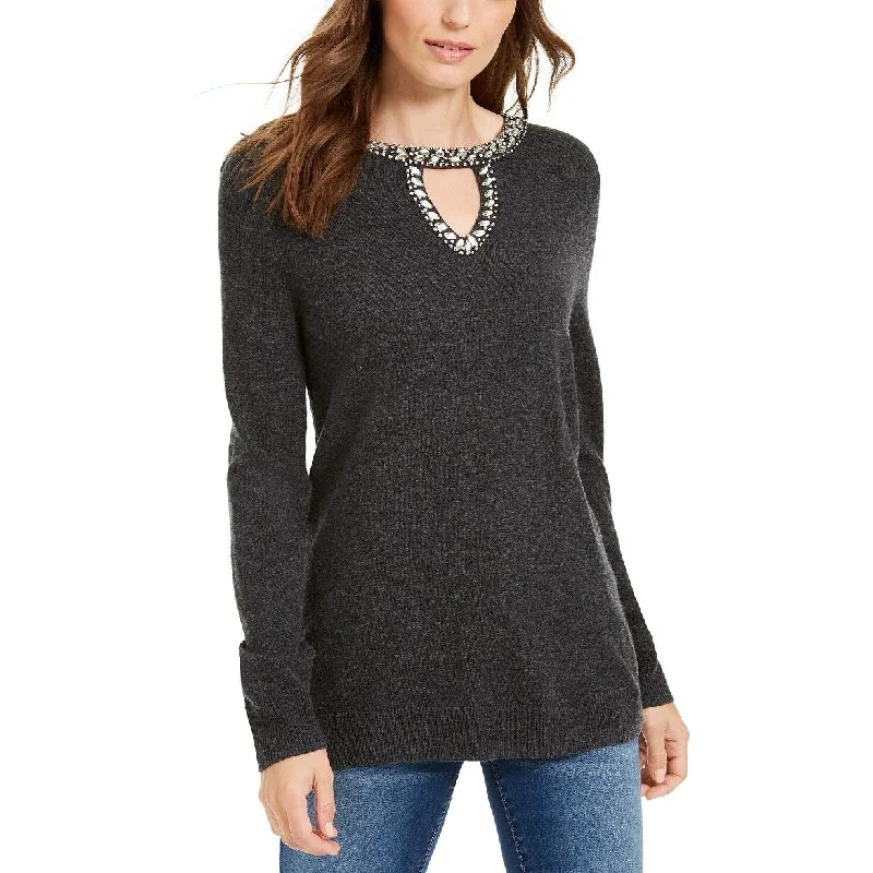 INC International Concepts Women's Embellished Keyhole Sweater Charcoal Size Small