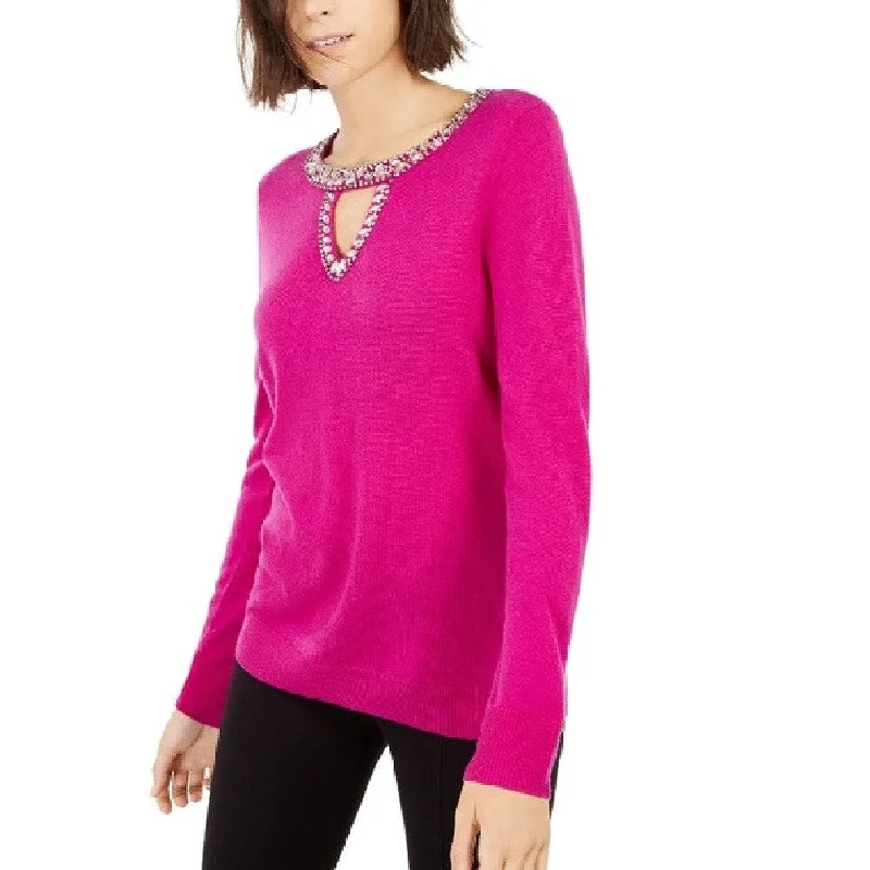 INC International Concepts Women's Embellished Keyhole Sweater Magenta Size Medium