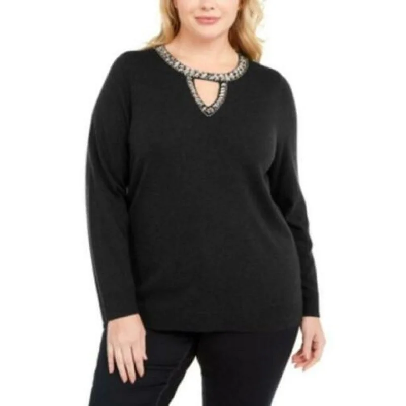 INC International Concepts Women's Plus Size Embellished Keyhole Sweater Black Size 3X