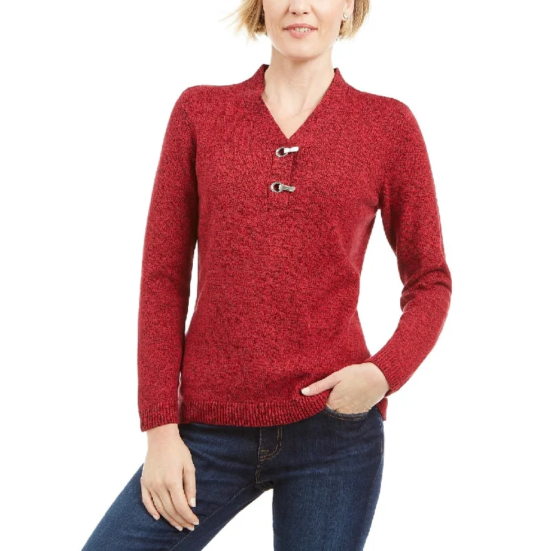 Karen Scott Women's Cotton Marled Henley Sweater Bright Red Size Medium