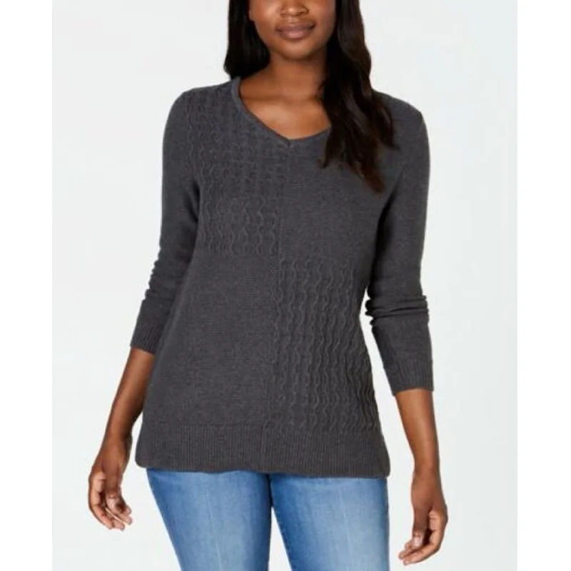 Karen Scott Women's Cotton Mixed-Stitch Sweater Charcoal Size Extra Large