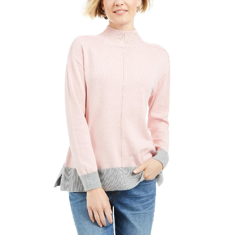 Karen Scott Women's Erin Cotton Colorblocked Mock-Neck Sweater Pink Size Large