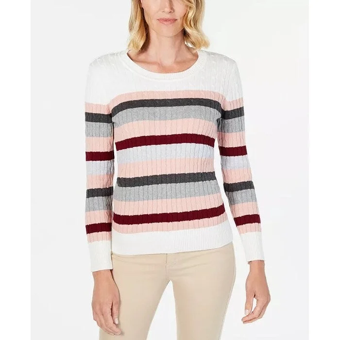 Karen Scott Women's Holly Striped Cotton Cable Sweater Medium Red Size Extra Large